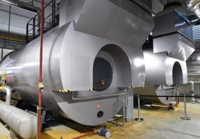 Photo of two gas-fired boilers, which contribute to the production of heat and electricity in the district heating network in Le Mans, western France.