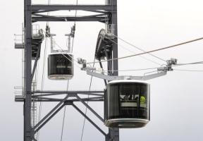 Photo of the two cabins of the cable car in Brest (Brittany, France), the city's new public transportation line launched on November 19, 2016.