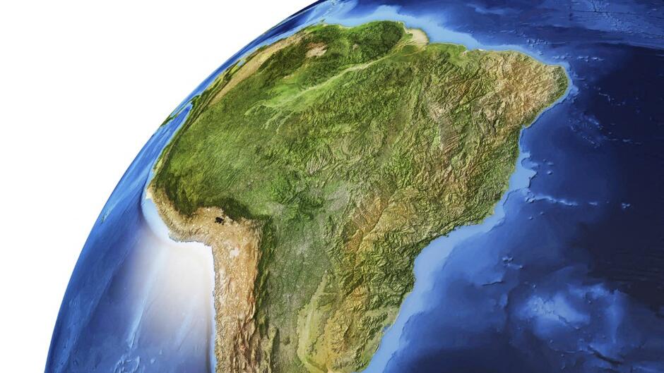 Detailed close-up of the globe representing South America