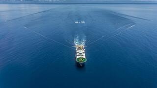 Navire sismique remorquant des câbles d’hydrophones ou micro ultrasensibles