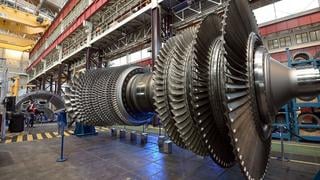 Photo of a huge General Electric gas turbine at the company's plant in Belfort, France.