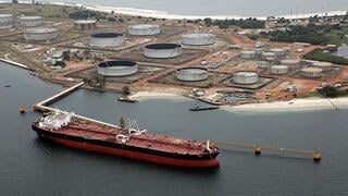 A tanker being loaded at the Port-Gentil oil terminal in Gabon.