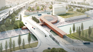 Image d'une maquette d'architecte de la future gare du Grand Paris Express appelée "Pont de Bondy"  