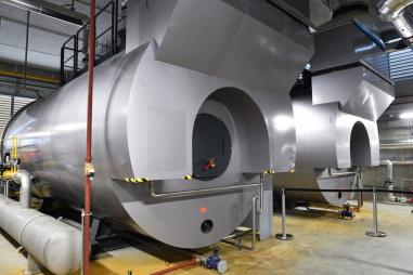 Photo of two gas-fired boilers, which contribute to the production of heat and electricity in the district heating network in Le Mans, western France.